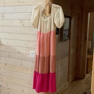Umgee Cream and Pink Colorblock Maxi Dress